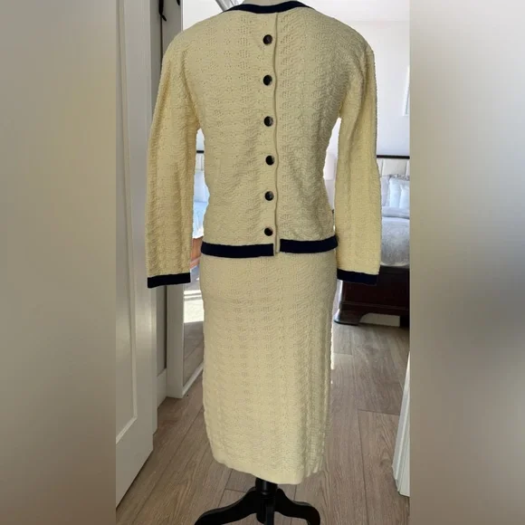 J. Peterman Vivienne Pointelle Cotton Suit Set Cream Navy Trim Skirt Top XS/S - Picture 14 of 16